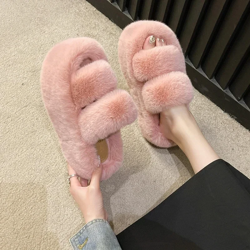 Women Warm Winter Furry Fur Shoes Fluffy Plush Sneaker Slippers Home House Indoor Shoes Bedroom Slippers Female Ladies Round Toe