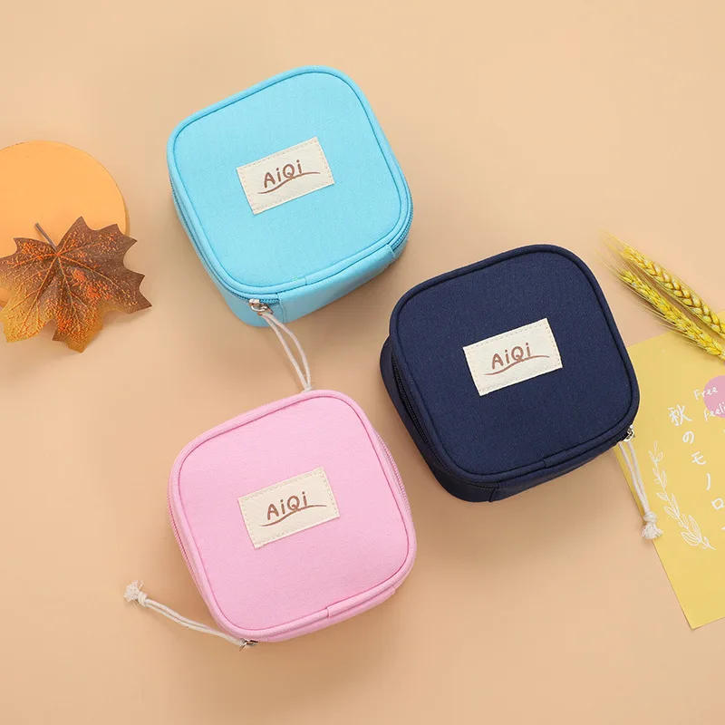 Portable Girls Female Lipstick Makeup Bag Canvas Sanitary Napkin Pads Storage Bag