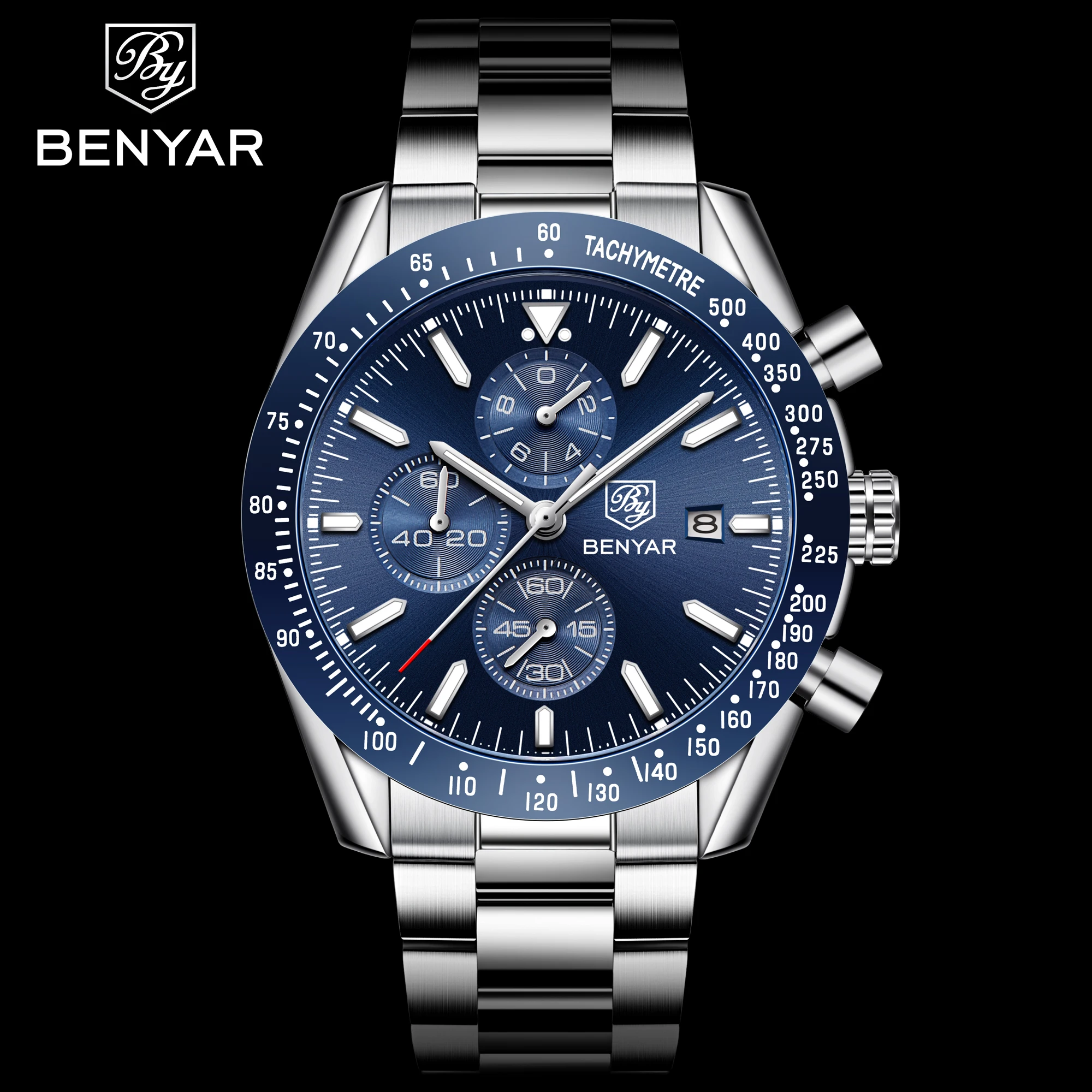 Benyar watch 5140 Men Top Brand stainless steel band Luxury Business Sport Chronograph Quartz Wristwatch Men Clock