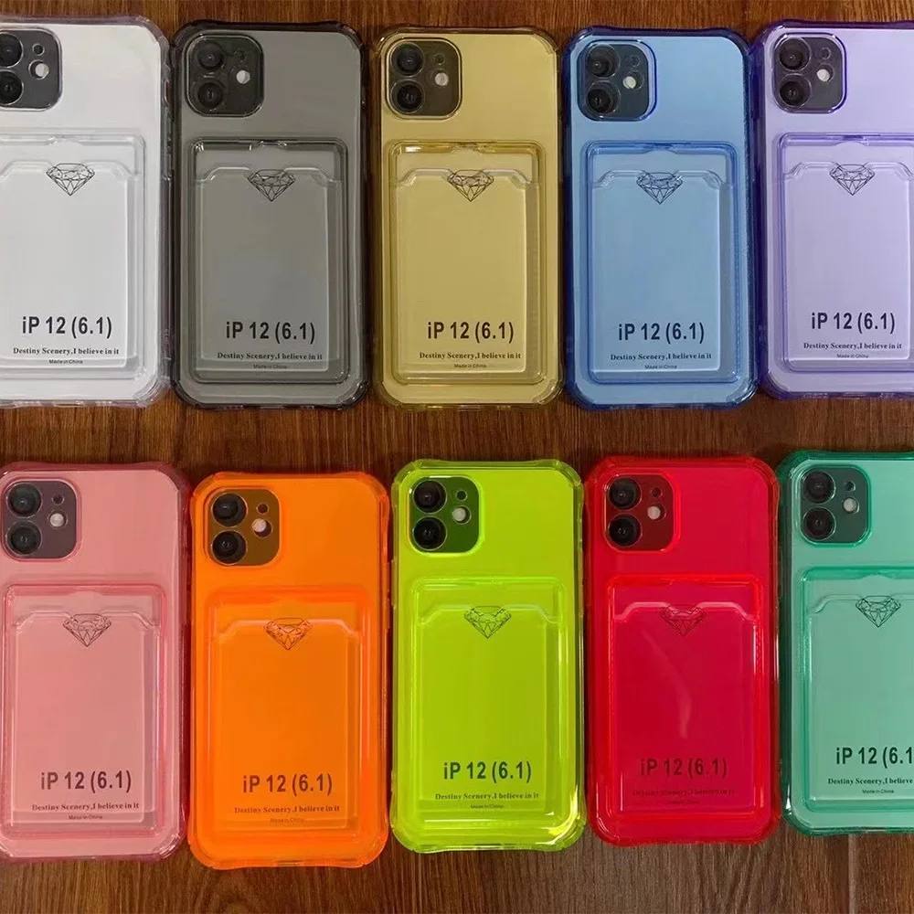 For iPhone Card Slot Case,Neon Color TPU Card Holder Phone Case For iPhone 14 13 12 11 Pro Max X XS XR 7 8 Plus