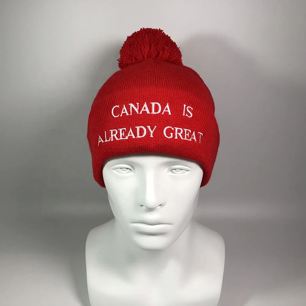 OEM Canada hip hop classic fashion acrylic colorful unisex warm pompom cuff winter toque hat custom embroidery design red beanie
