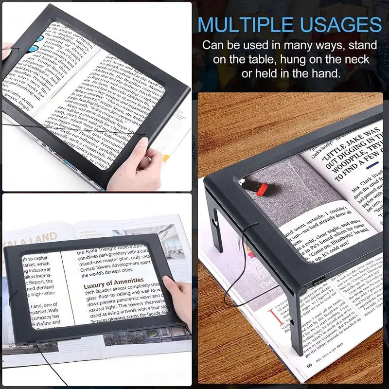 3x Foldable Desktop Large Full Page Magnifier With 12 Led Lights Ideal For Readiing, Rectangular Magnifying Glass With Led Light