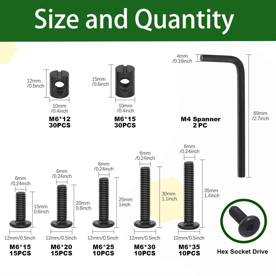 Hot Sale 122Pcs Black Chicago Screws Flat Head Hexagon Socket Head Furniture Screws Set M6 Bed Frame Screws Set