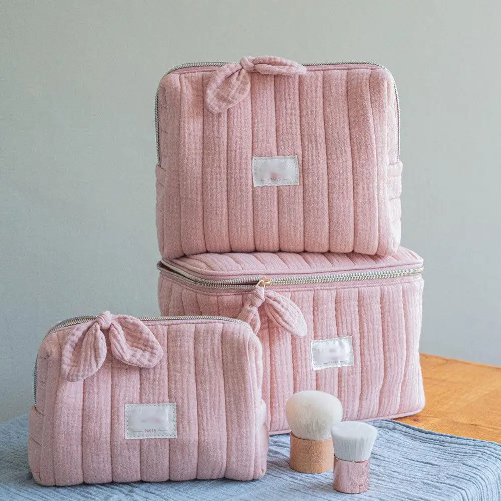 Custom Size Logo Cotton Quilted Beauty Cosmetic Makeup Make Up Toiletry Skincare Vanity Case Bag with Top Handle