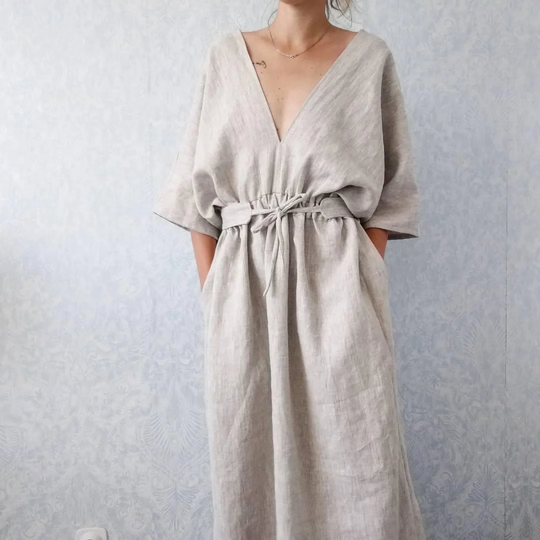 New Design midi dress with pockets 100% linen trendy loose deep v neck oatmeal 3/4 sleeve elastic waist ladies midi casual dress