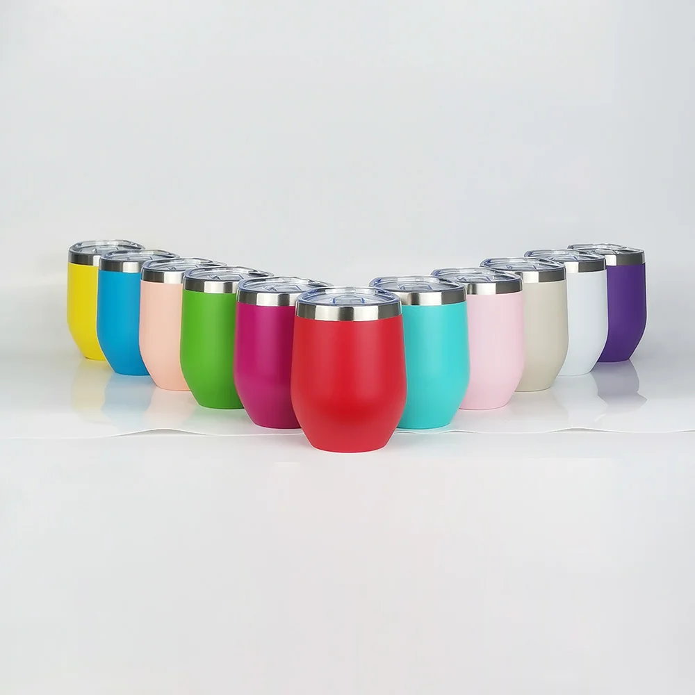 Custom Laser LOGO 12 oz Double Walled Vacuum Insulated Powder Coated Stainless Steel Stemless Wine Glass Tumbler With Lid