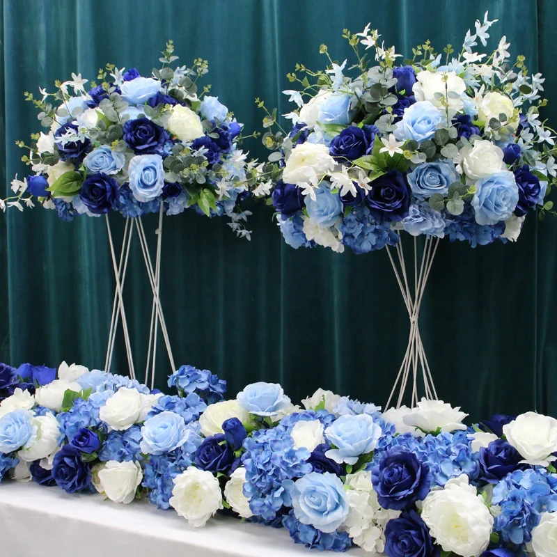 Blue White Peony Hydrangea Artificial Flower Table Runner Party Wedding Backdrop Centerpiece Decor Rose Floral Ball