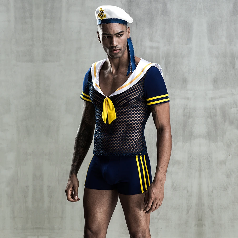 Black Fishnet Seaman Uniform Sexy Male Lingerie Sexy Sailor Costume For men