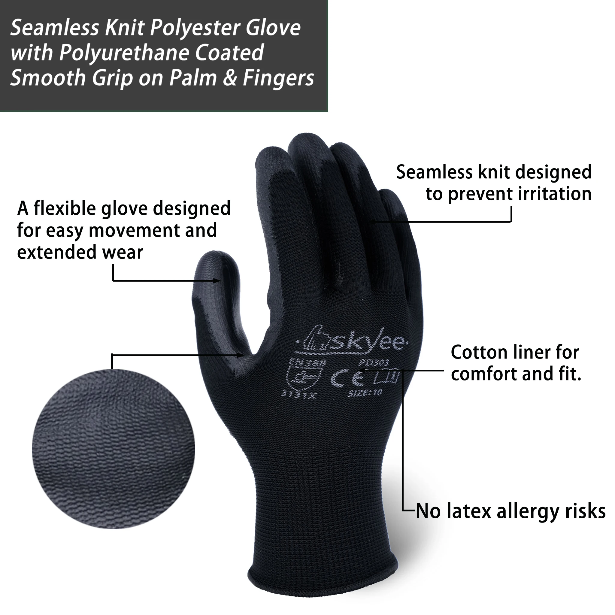SKYEE 13 Gauge Black PU Nylon Polyester Carbon Shell Anti Static Oil Proof Cut Resistant Work Garden Gloves for Purpose