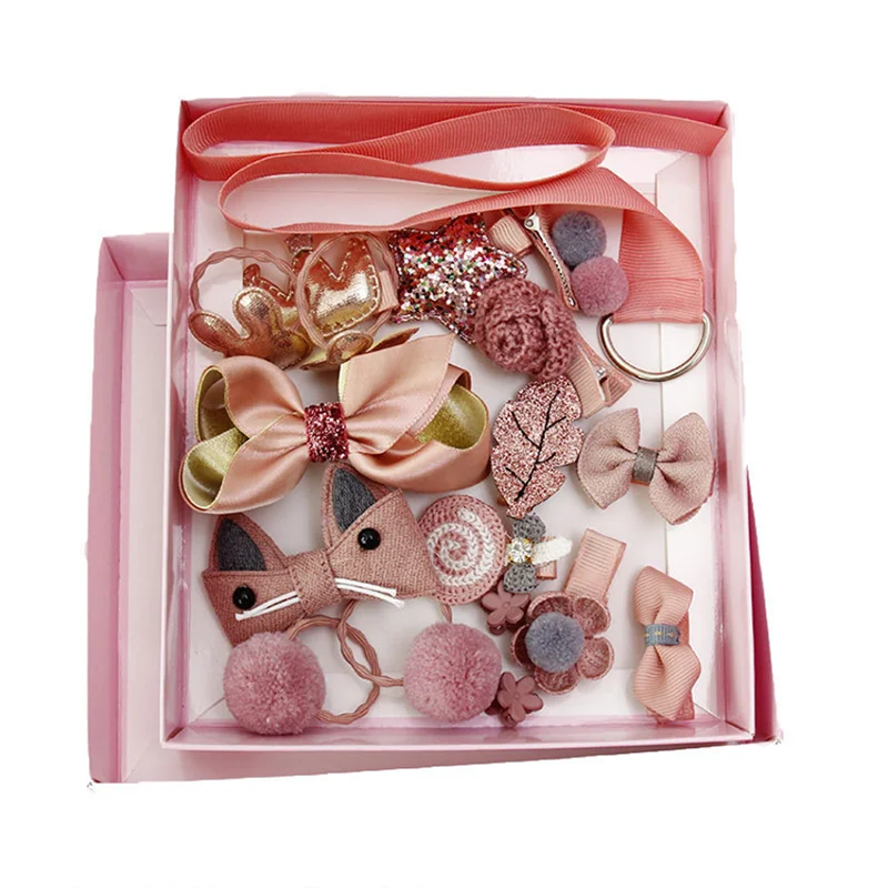 Popular 18pcs Cute Hair Bows Barrettes Hair Accessories Elastic Band Hair Clips Gift Box Set For Girls Kids Gifts