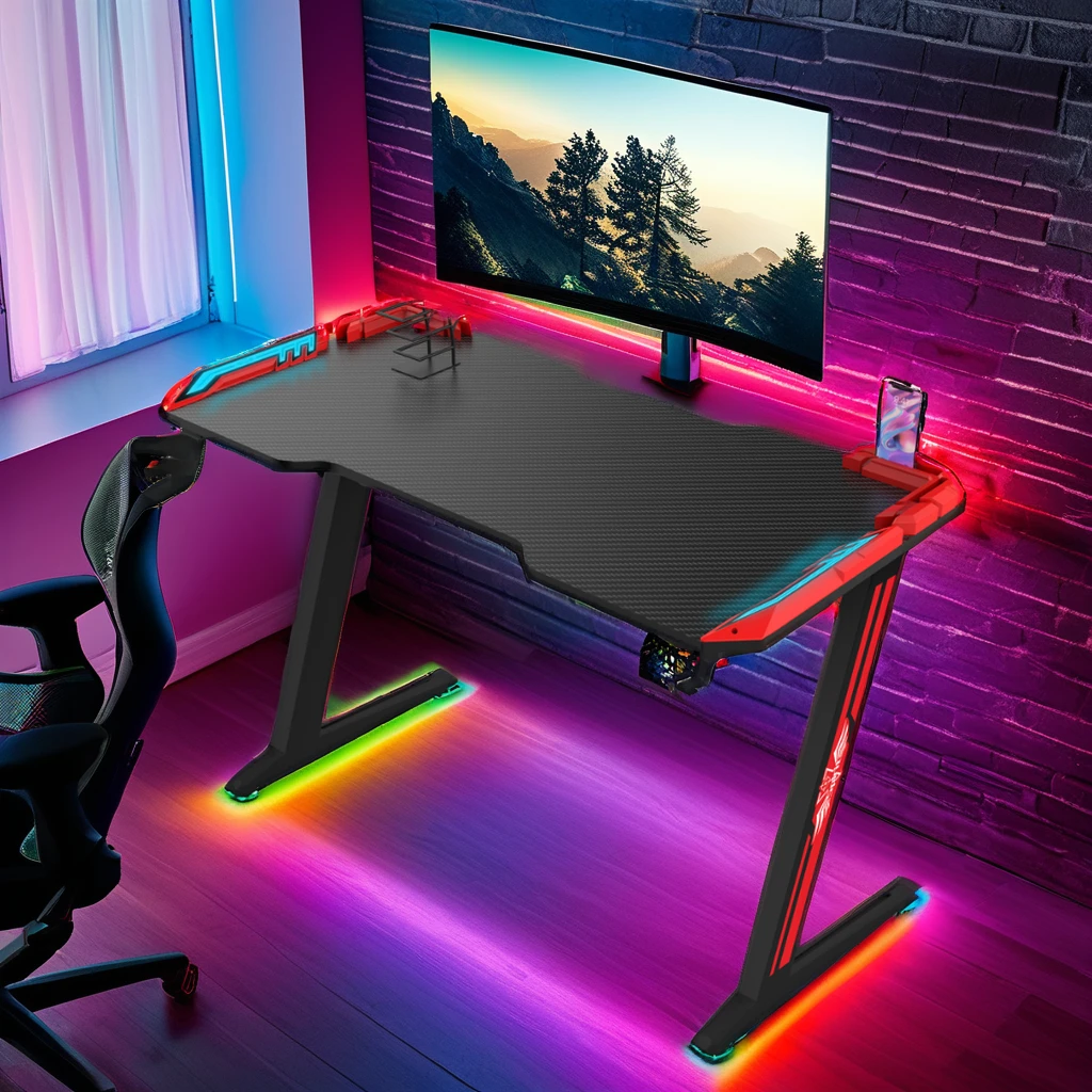 High Quality 120cm RGB LED Light Gaming Desk Black PC Computer Table with Carbon Fiber Desktop Office Gaming Table