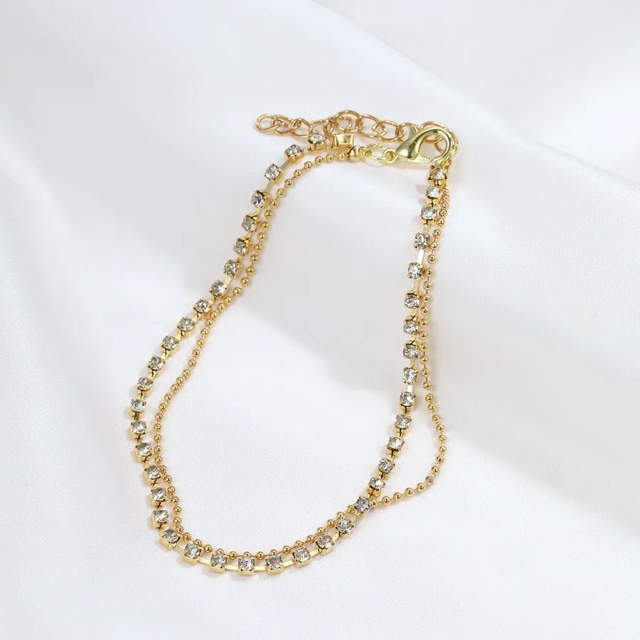 Fashion Simple Classic Beach Foot Jewelry Ankle Chain Multilayer Sparking Rhinestone Beaded Chain Anklets for Women
