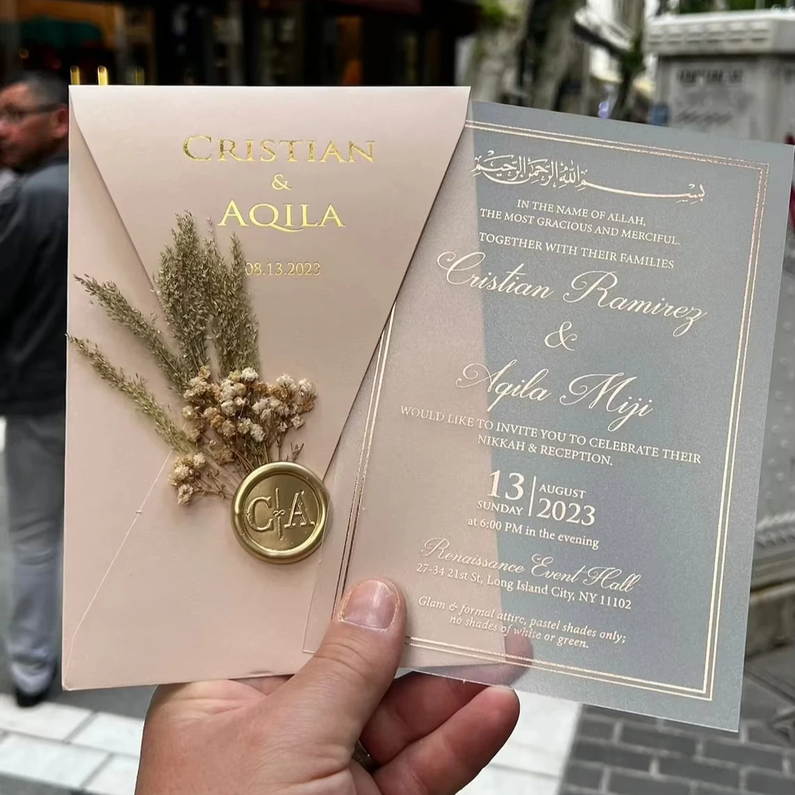 luxury Elegant Blush Gold Foil Acrylic Wedding Invitation card with envelope