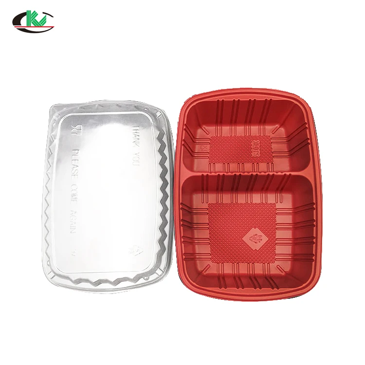 Disposable red inside black outside pp takeaway airline bento box food container plastic with lid
