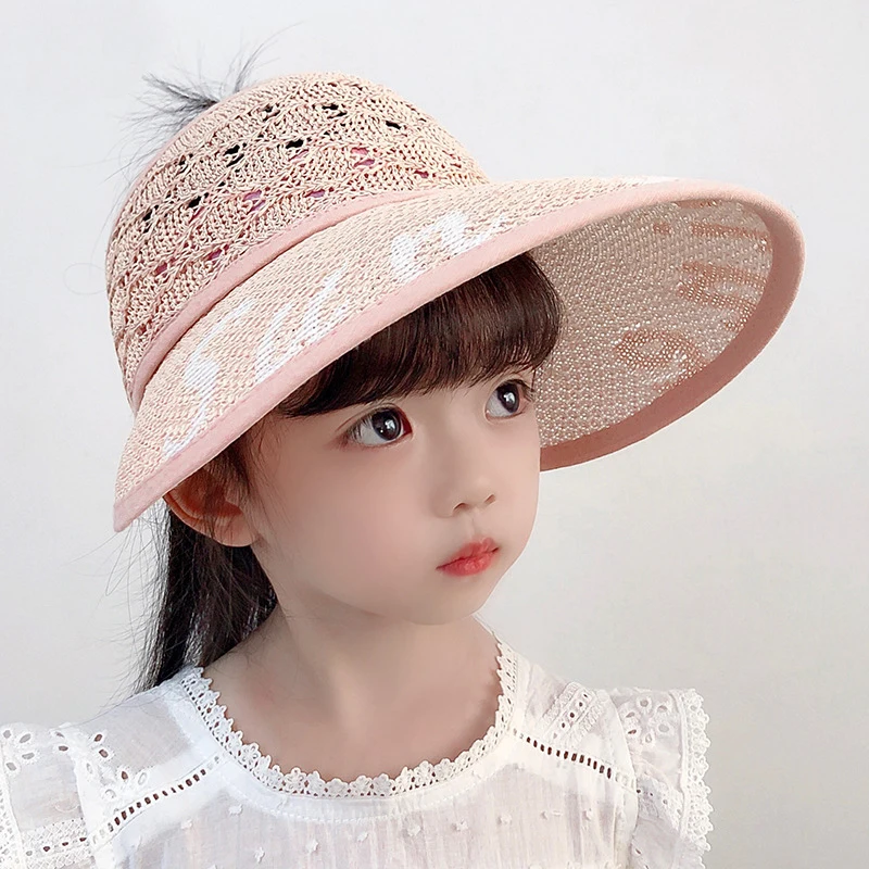 Wholesale baby girls wide brim custom summer sunshade cap kids fashion beach straw bucket hats