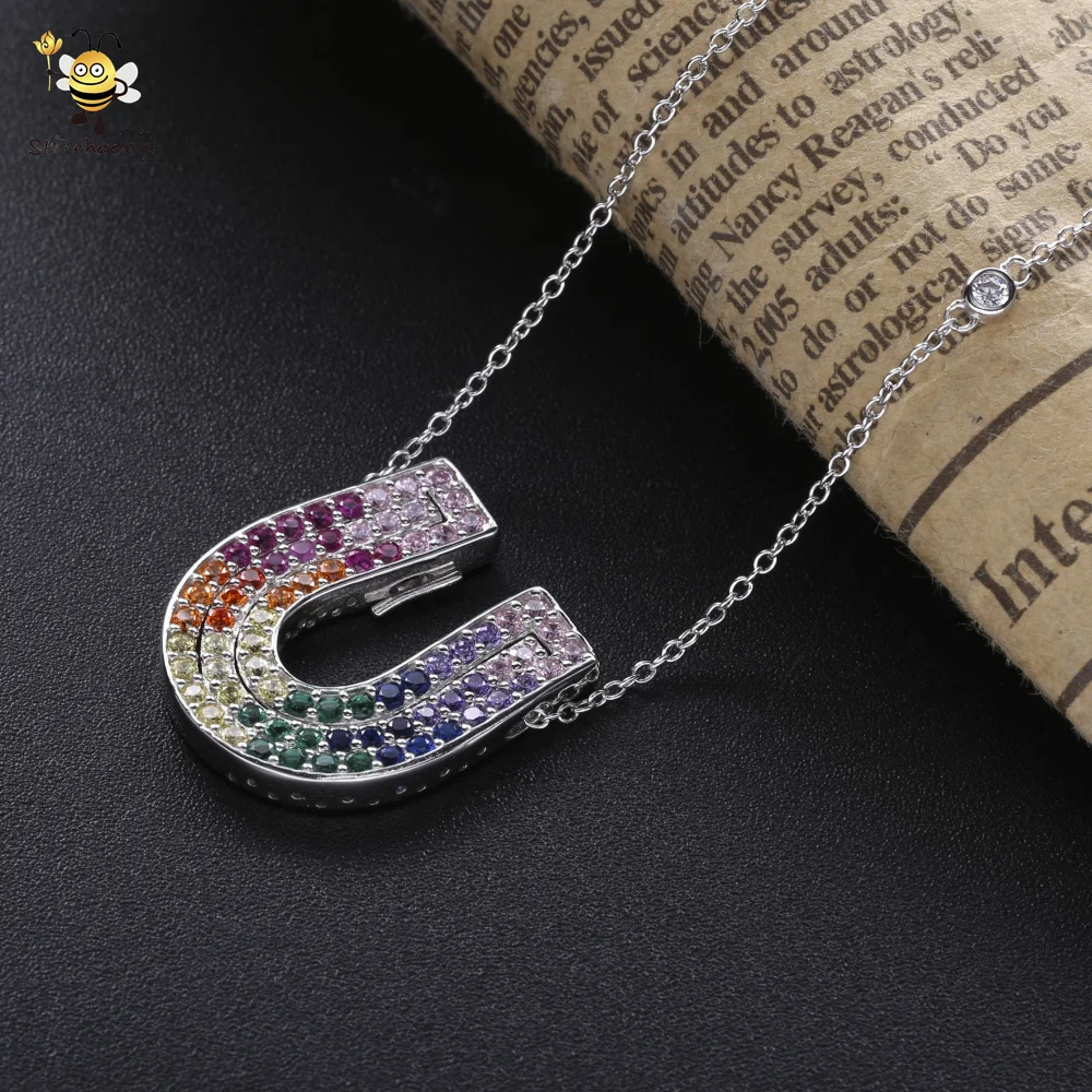 2020 Most Popular Fashion Sparkling Colorful Diamond AAA CZ Stone Horseshoes Pendant Necklace 925 Sterling Silver