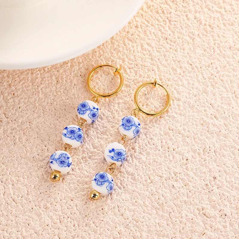 DAIHE Fashionable And Unique Irregular Blue And White Porcelain Stainless Steel China Earrings For Women