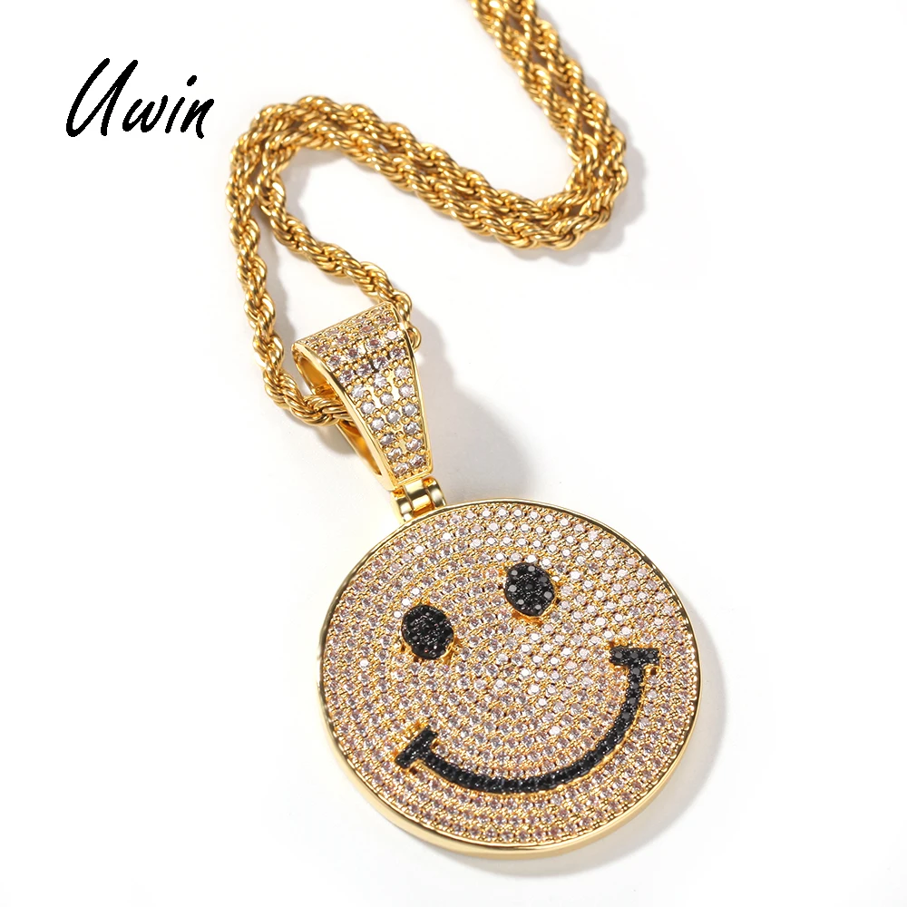 Trendy Iced Out Smile Face Pendant Smile Face Round Shape Charm Necklace Full CZ Paved Jewelry Gift for Men Women