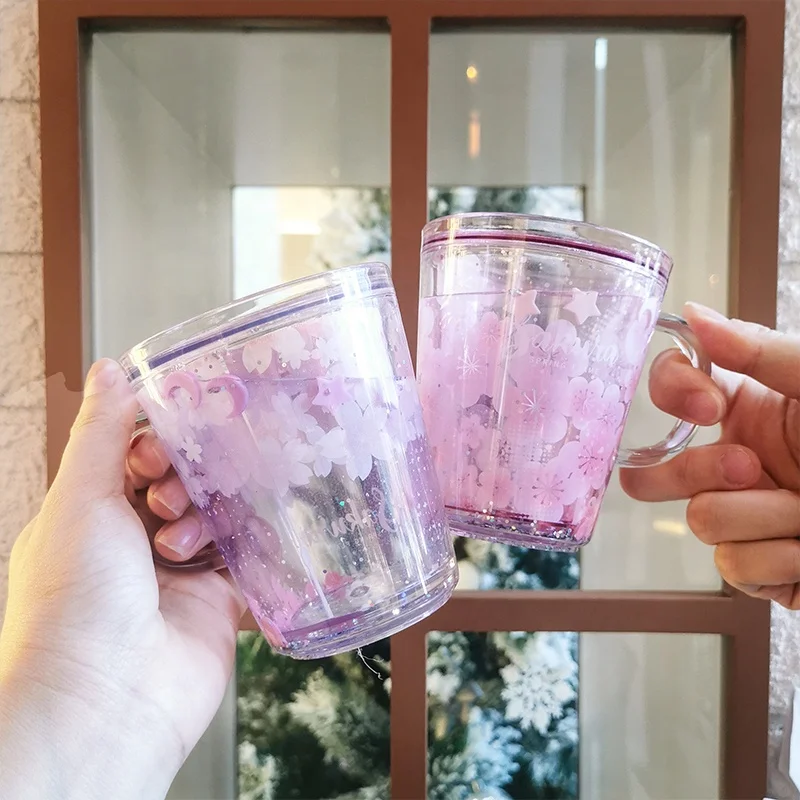 
Girlwill Sakura Double Wall Plastic Cup With Handles And Water Inside Tea Mugs Custom Logo Coffee Tumbler Bottles Wholesale 