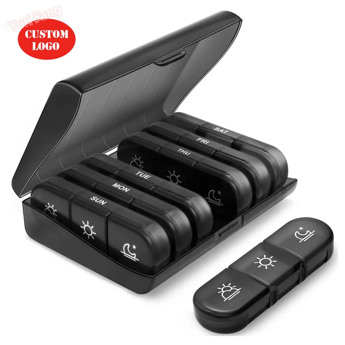 Custom Pill Boxes Black  Three Times a Day Personalized PP Travel Portable Organizer Medicine Pill Storage Box