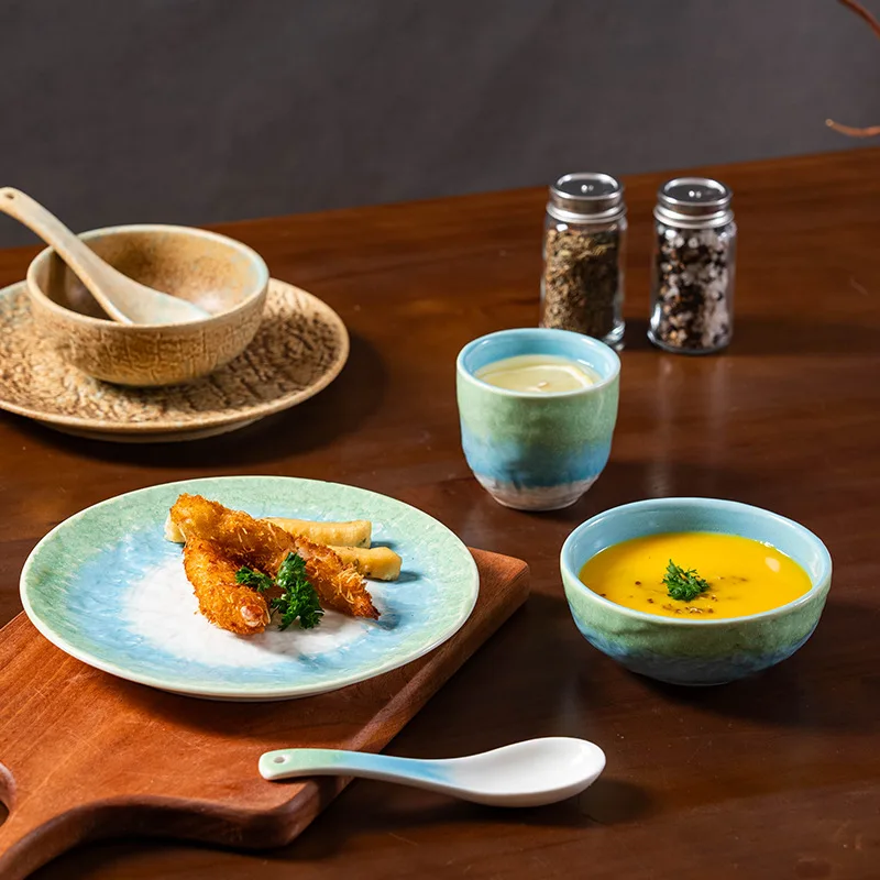 New Design kiln changed Ceramic tableware set dinner bowl plate spoon cup set Japanese restaurant tableware set