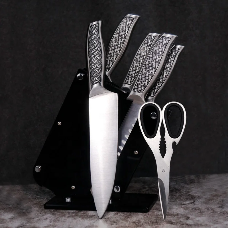 Набор кухонных ножей 6 шт., профессиональные инструменты шеф-повара, ручка из нержавеющей стали с держателем