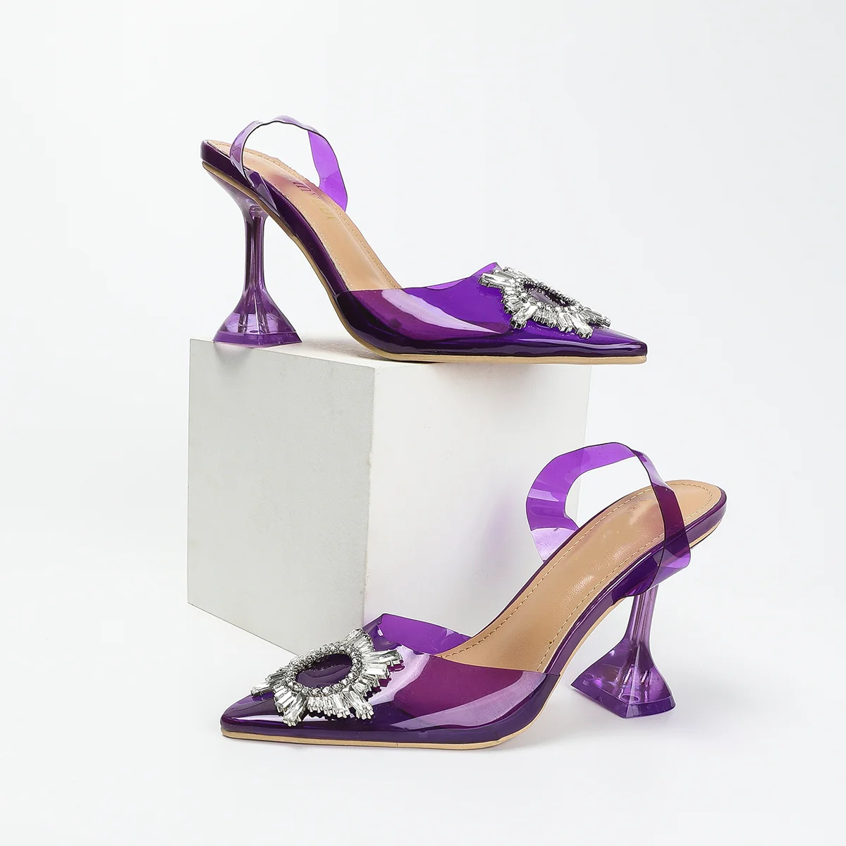 PVC Transparent Jelly Women Pumps Elegant Pointed Toe Slingback Crystal Rhinestones High Heels Casual Outdoor Shoes