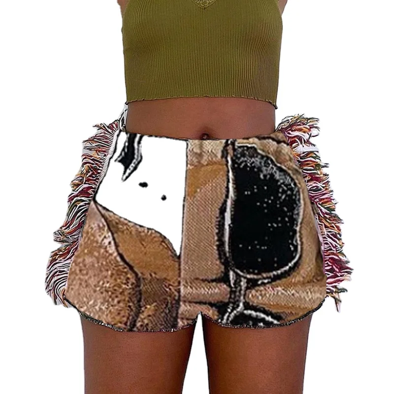 2021 Летние повседневные женские модные шорты с принтом, облегающие узкие женские брюки с кисточками для уличной съемки