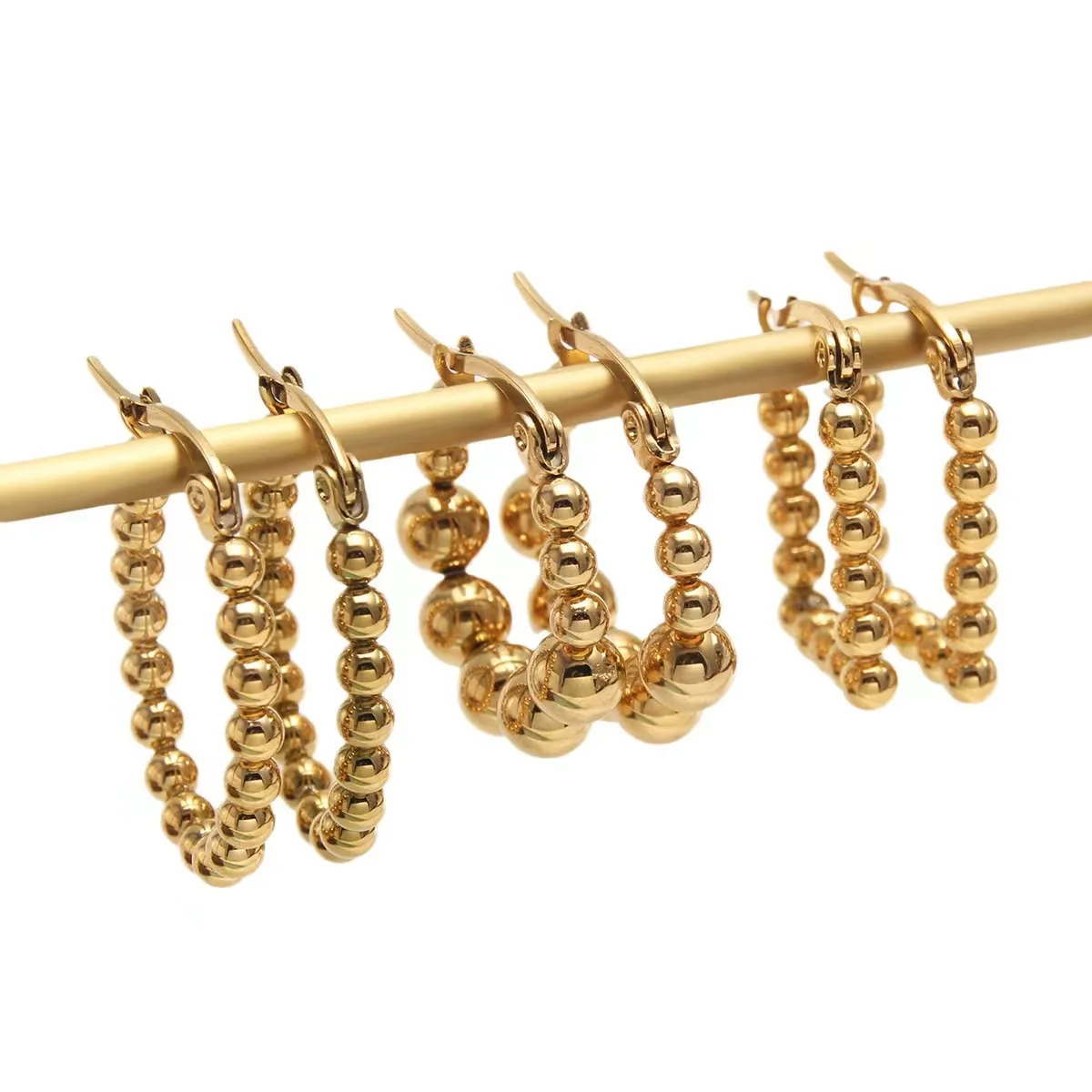 New Non Tarnish 18k Pvd Gold Stainless Steel Chunky Beaded C Huggies Hoop Earrings