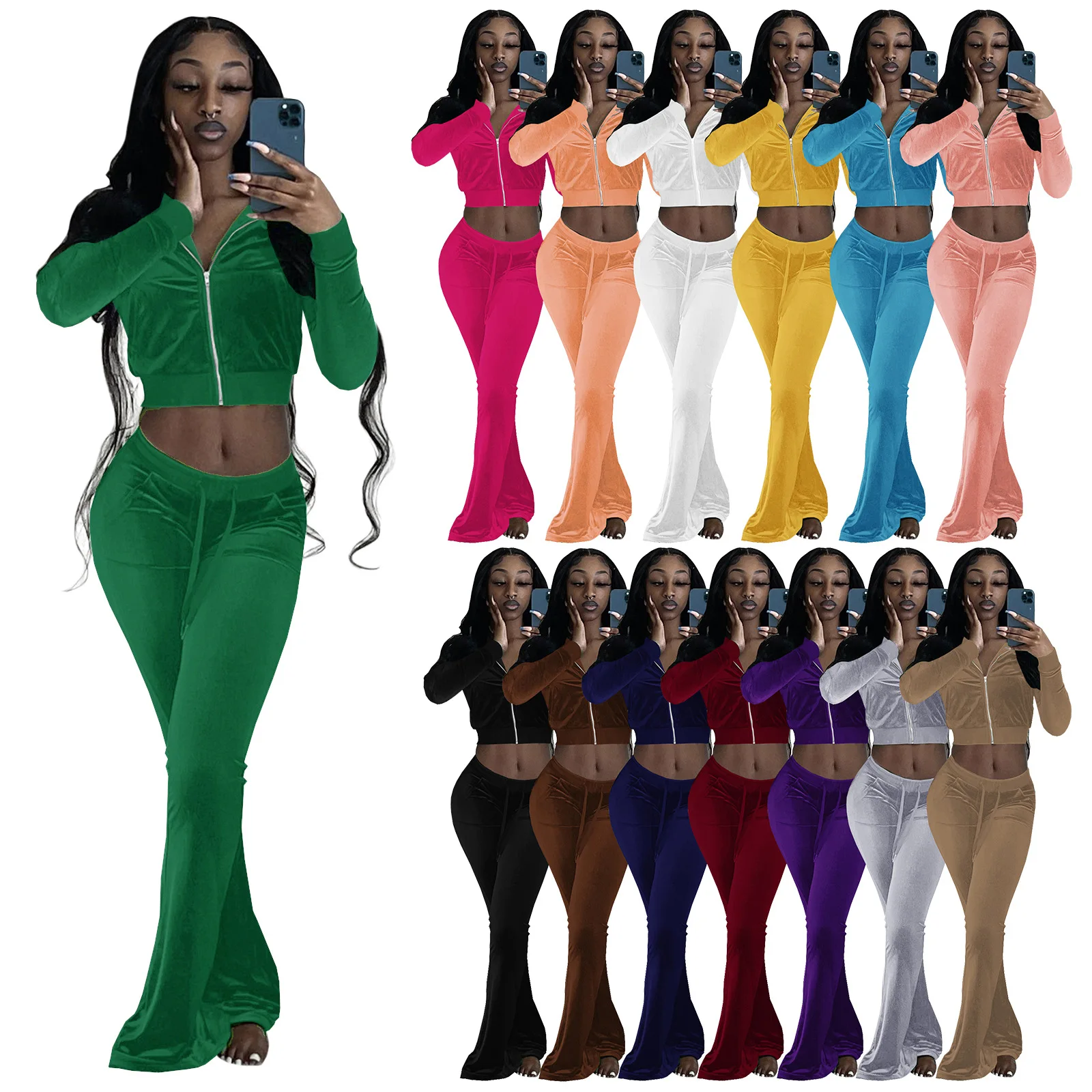 Autumn new Hooded long sleeve fashion leisure sports suit women velvet zip sweater trousers two piece tracksuit sweatsuit set