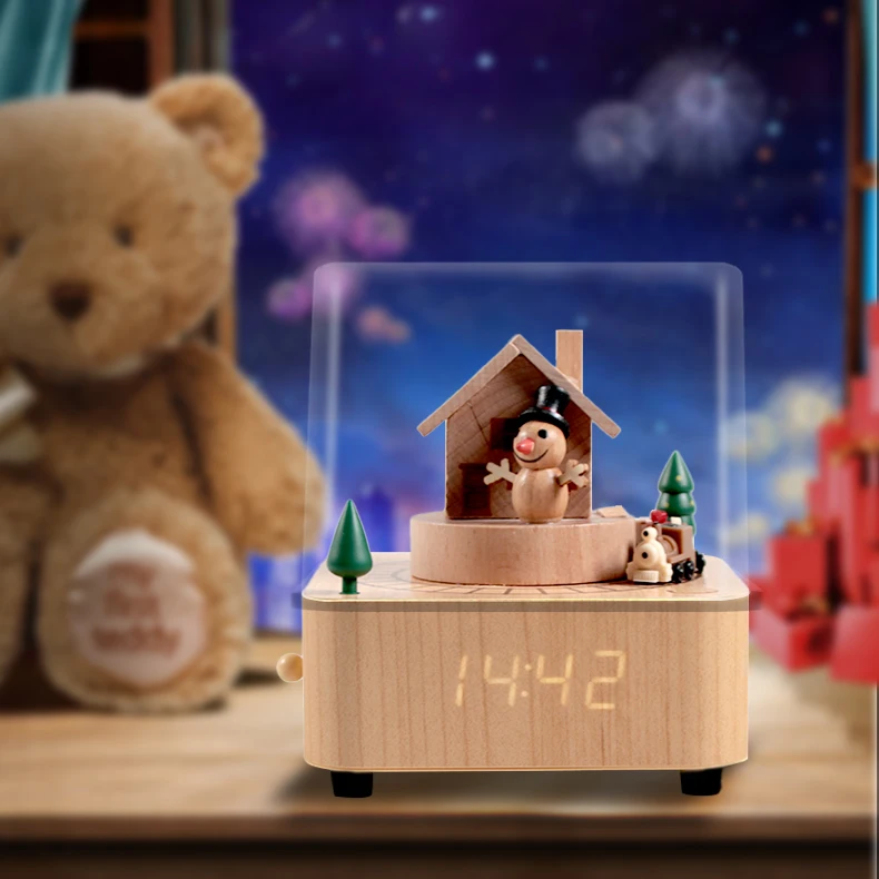 Изготавливаемые на заказ рождественские часы Dolphin Industry BR, деревянные музыкальные шкатулки, деревянная музыкальная шкатулка с вращающимся маленьким поездом и будильником