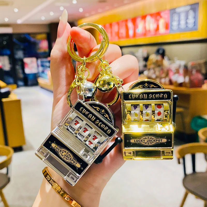 Cute Fruit Slot Machine Keychain Retro Mini Toy Key Holder Coin Games Pendant Slot Casino Model Novelty Gifts for Kids Adults
