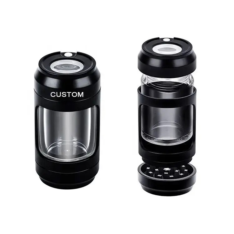 Hot Selling Plastic 4 in 1 Glow LED Storage Jar with Herb Grinder Jar Custom Logo Magnifying Glass Jar Container