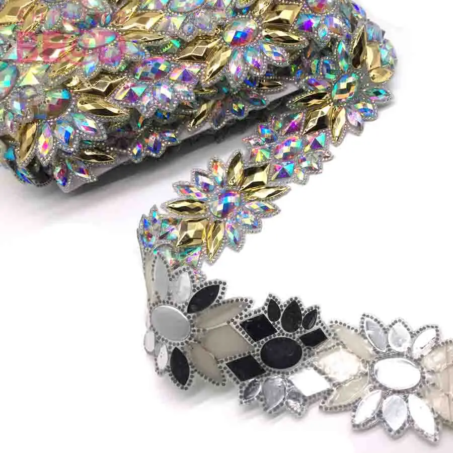 Resin Style Hot fix Rhinestone Tape Trim Gold  AB Glass Rhinestone Banding Ribbon Iron On Garments Shoes Decoration Patch