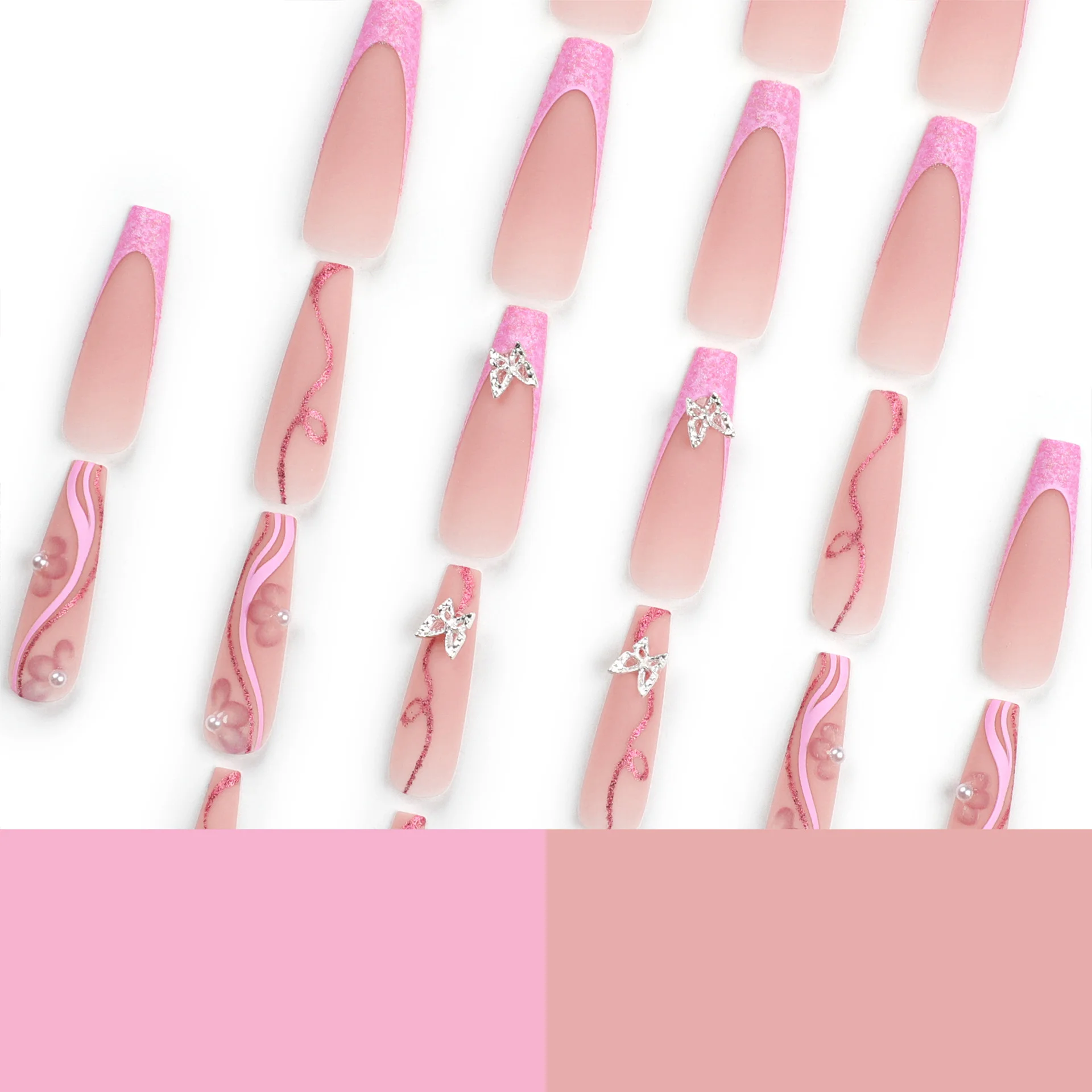New Arriving French 3D Silver Butterfly Glitter Pink Flowers Pearls Press On Nails Artificial Fingernails Art For Women