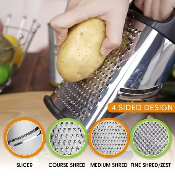 Box Grater Stainless Steel with 4 Sides Best for Parmesan Cheese Vegetables Ginger Large Size