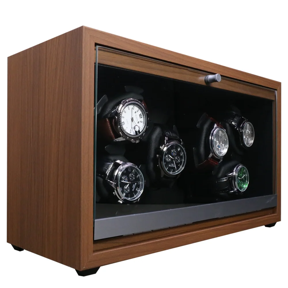 Factory Wholesale Automatic 6 Slots Watches Wood Walnut Grain Motor Watch Winder Box With Led Light
