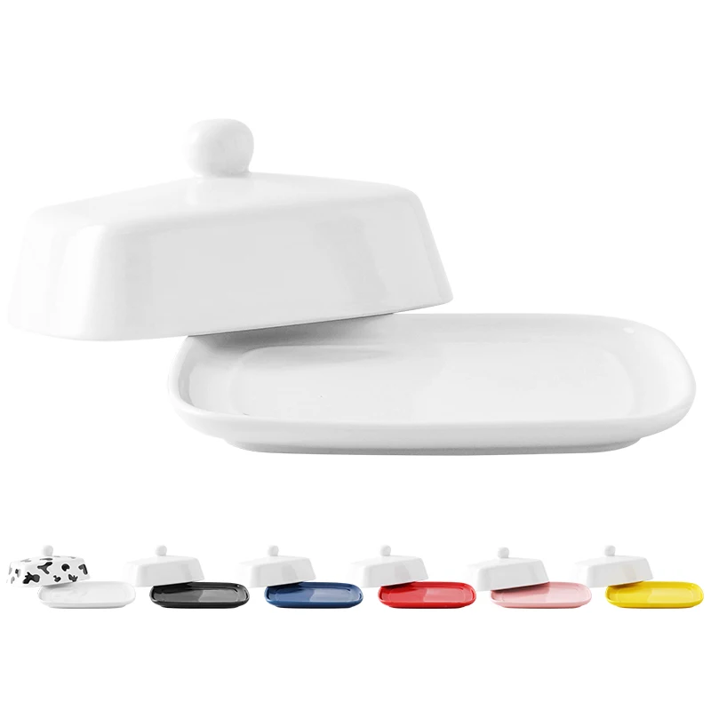 Amazon Hotsales MOQ 200 custom rectangle white ceramic porcelain butter dish with lid