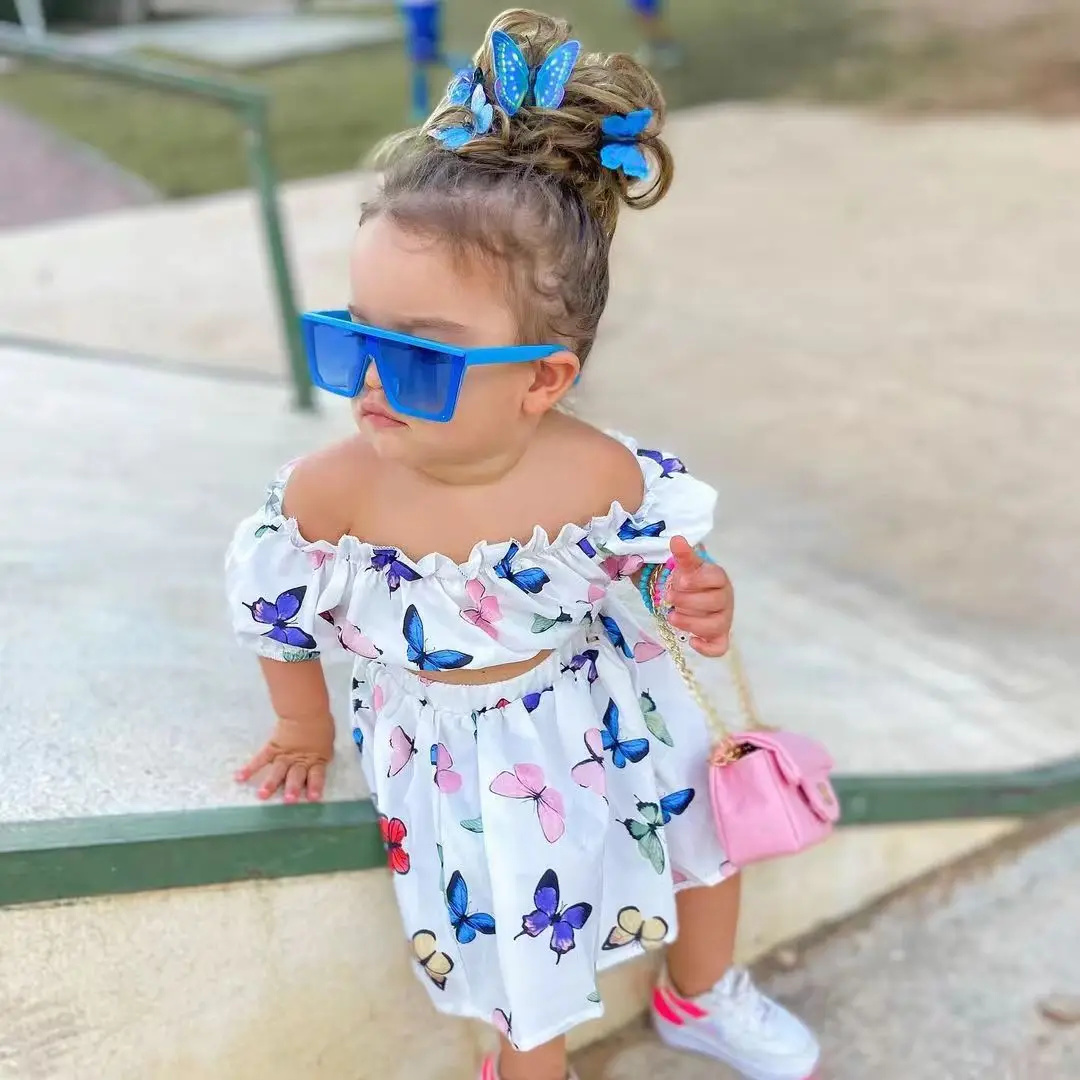 Girls Clothing Summer Off Shoulder Two Pieces Baby Clothing Sets Off Shoulder Top Butterfly Print Skirt Girls Dresses