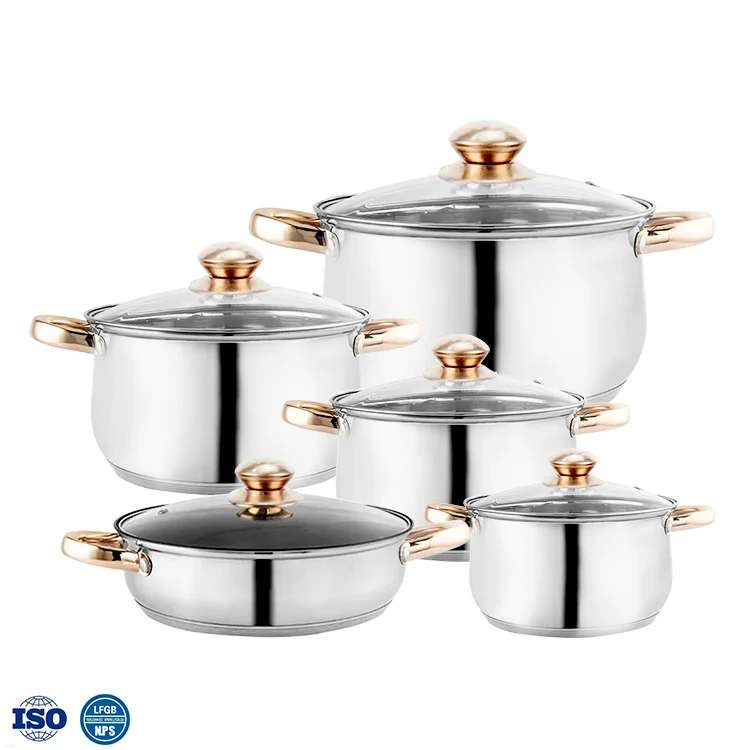 Amazon Hot Sale Gold Plated Handle Stainless Steel 6 piece 12pcs Cookware Kitchen Cooking Milk Pot Stew Pot