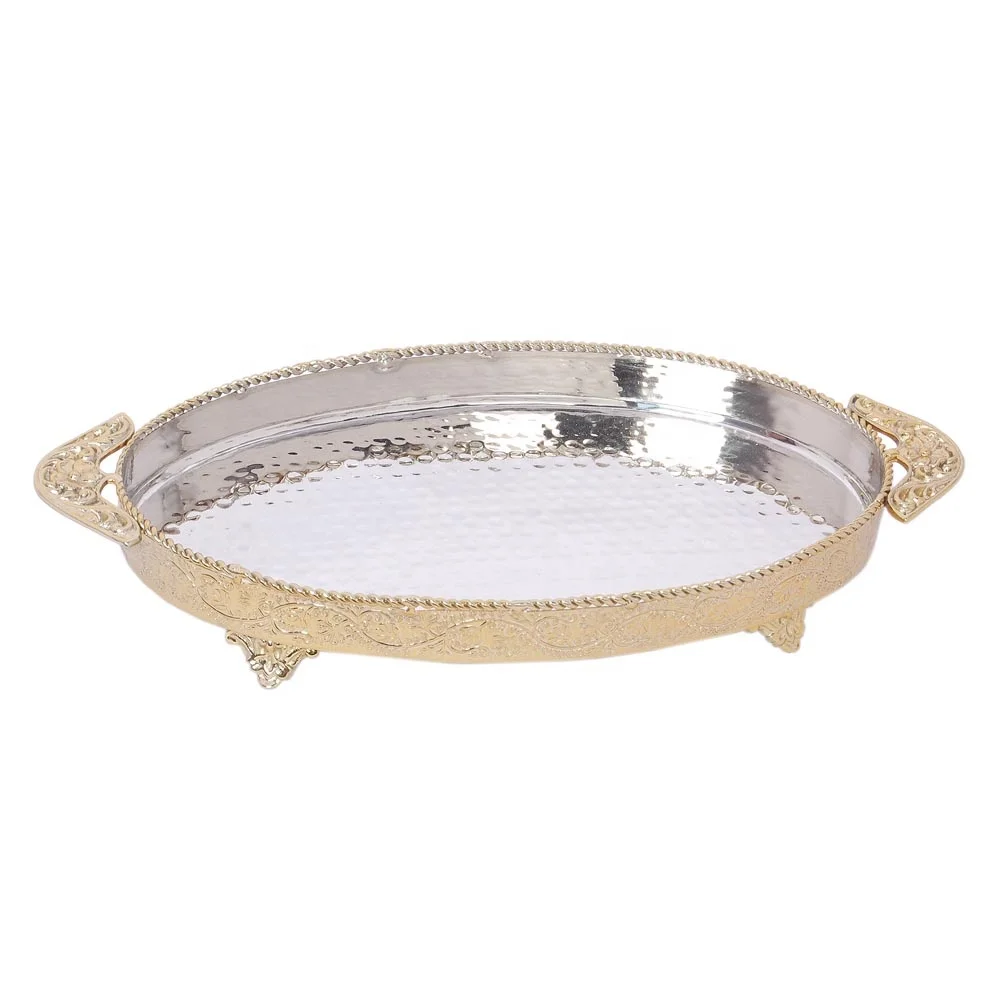Oval Hammered & Engraved Silver Plated Tray with Gold Border silver plated serving tray with handles
