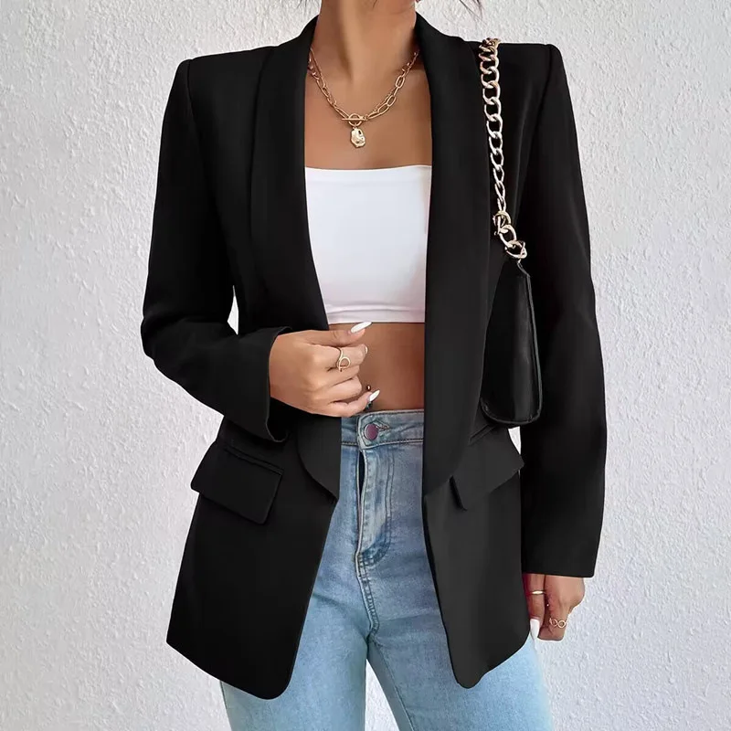 Spring Autumn Women Fashion Blazer Top Lapel Collar Open Stitch Suit Top New Lady Solid Slim Casual Coat