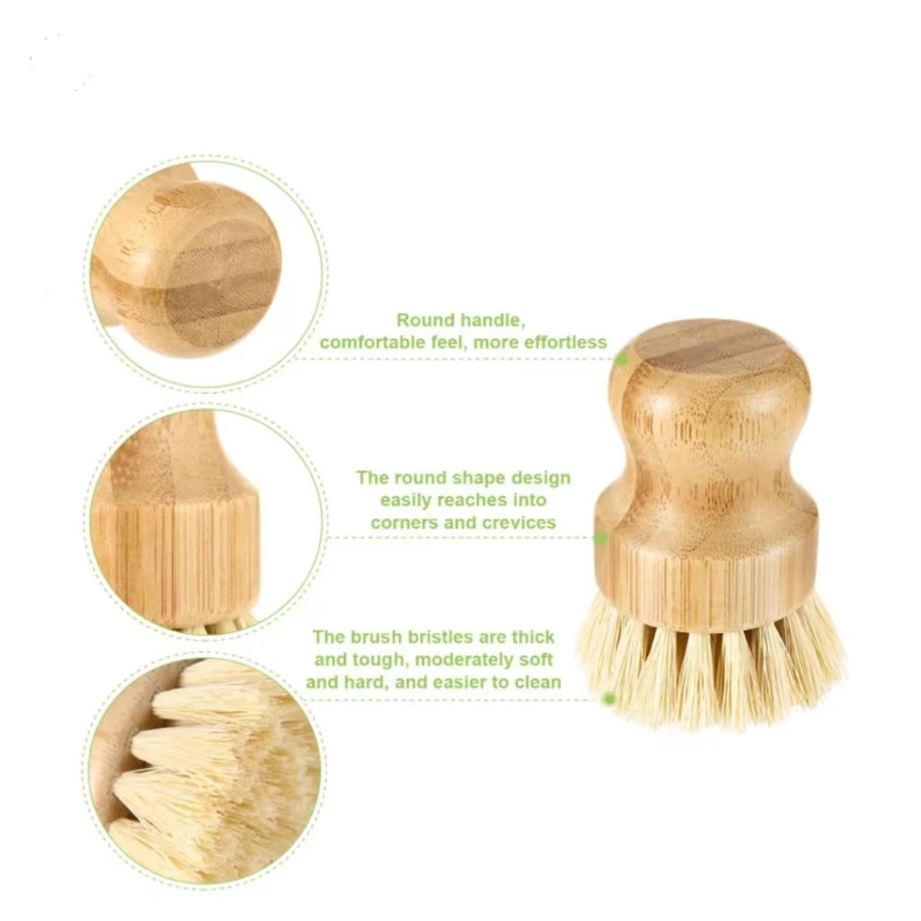 Hot Selling Kitchen Cleaning Brush Sisal Thick Brown Short Handle Round Dish Brush Dishwashing Bamboo Wood Pot Brush