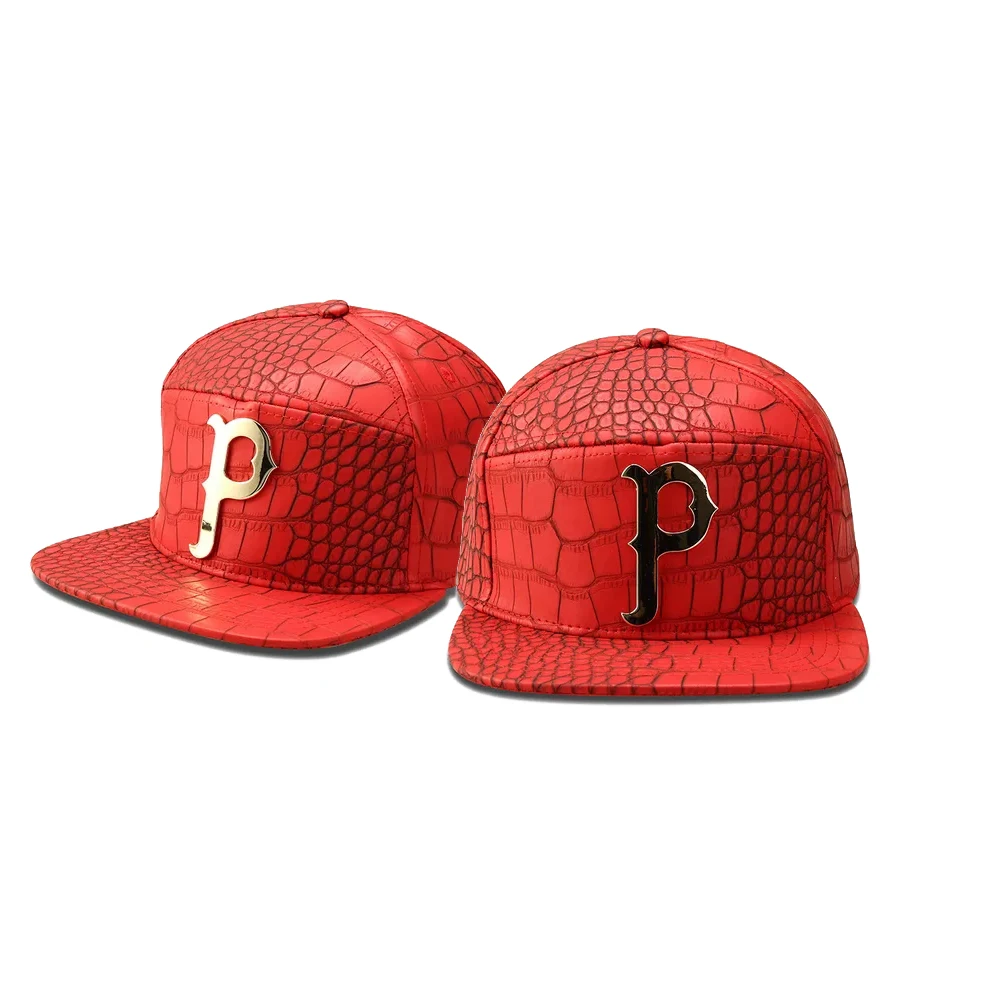 Luxury 5 panel custom crocodile PU leather snapback caps metal logo vintage cap snapback