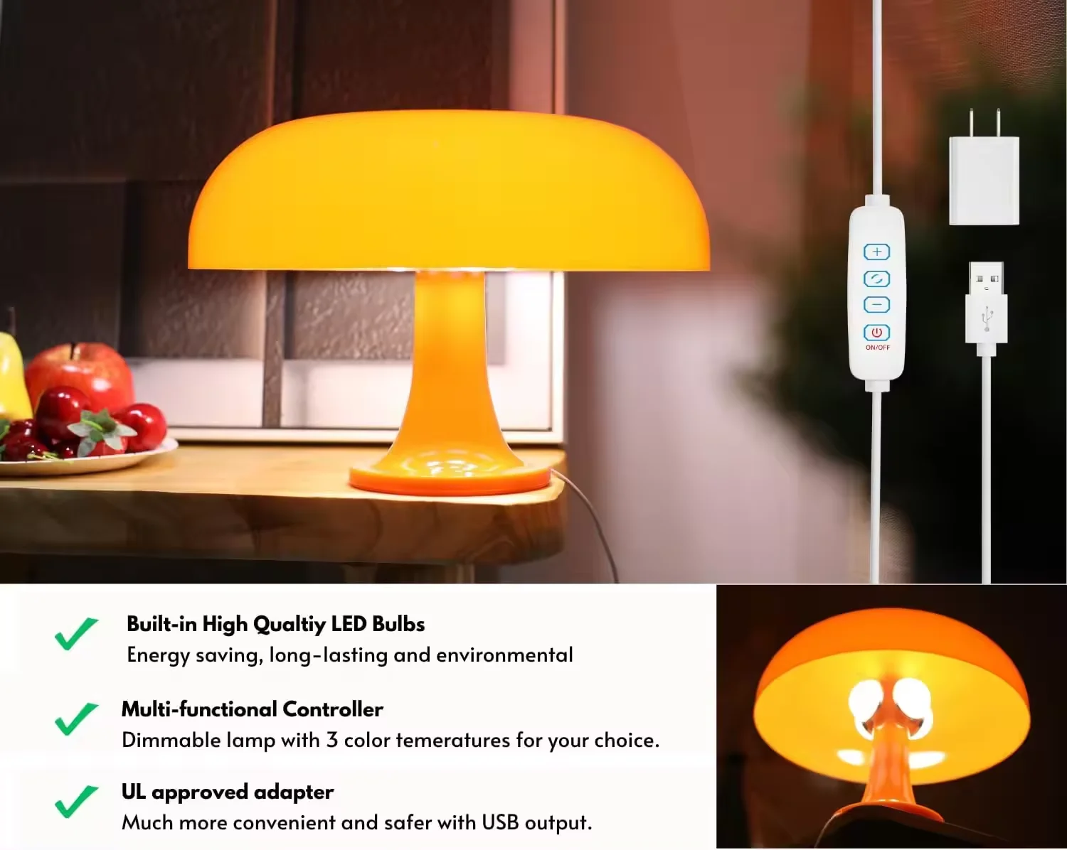 70s Mid Century Modern Decor for Bedroom Orange Retro Donut LED Table Lamp with 3 Lighting Modes