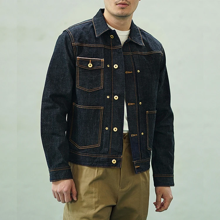 Male Vintage Heavy Washed Streetwear Boy Motorcycle Dark Blue Cowboy Coat Denim Jacket for Men