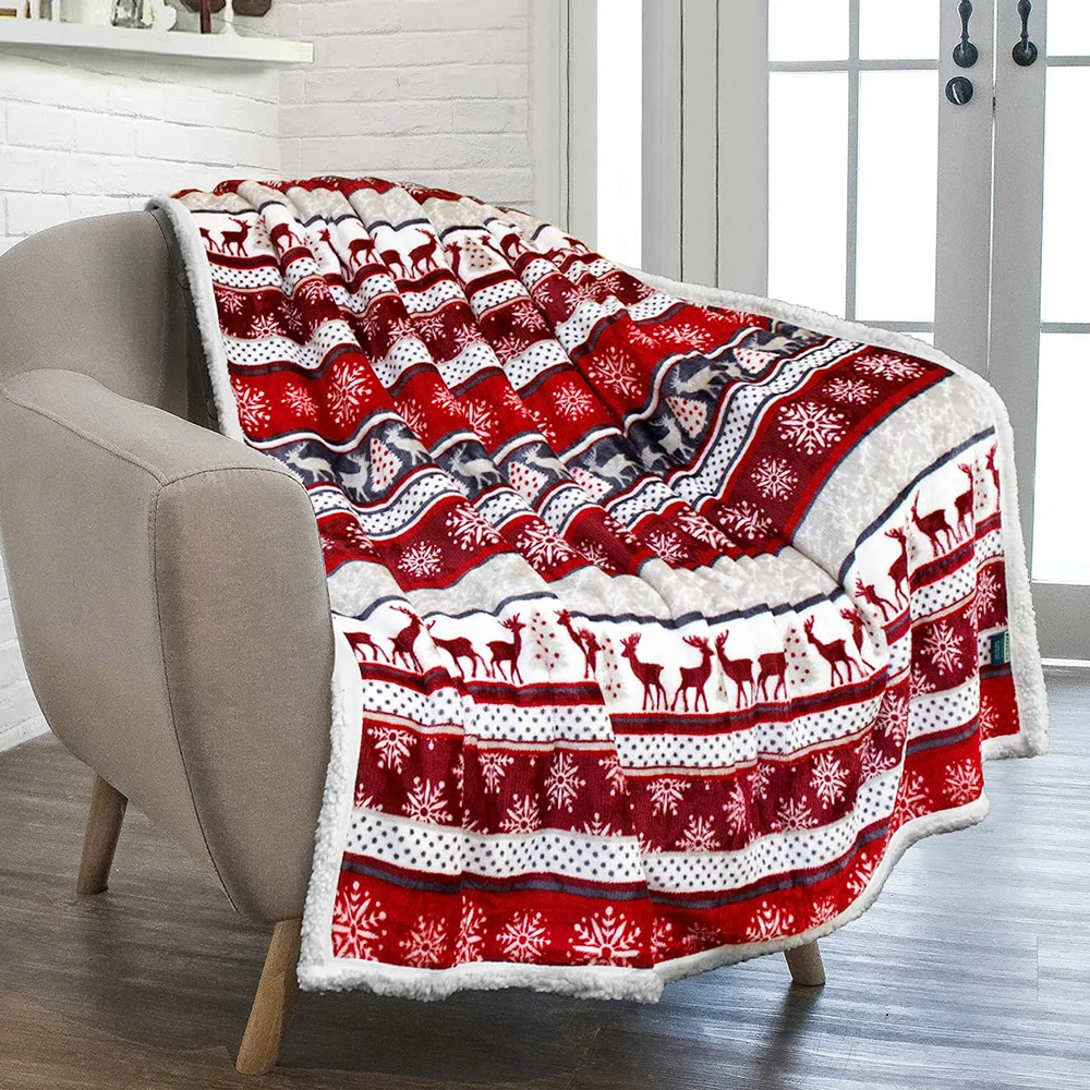 2022 Premium Sherpa Throw Blanket Christmas Decoration Reindeers Fleece Plush Warm Reversible Microfiber Holiday Blanket 50 x 60