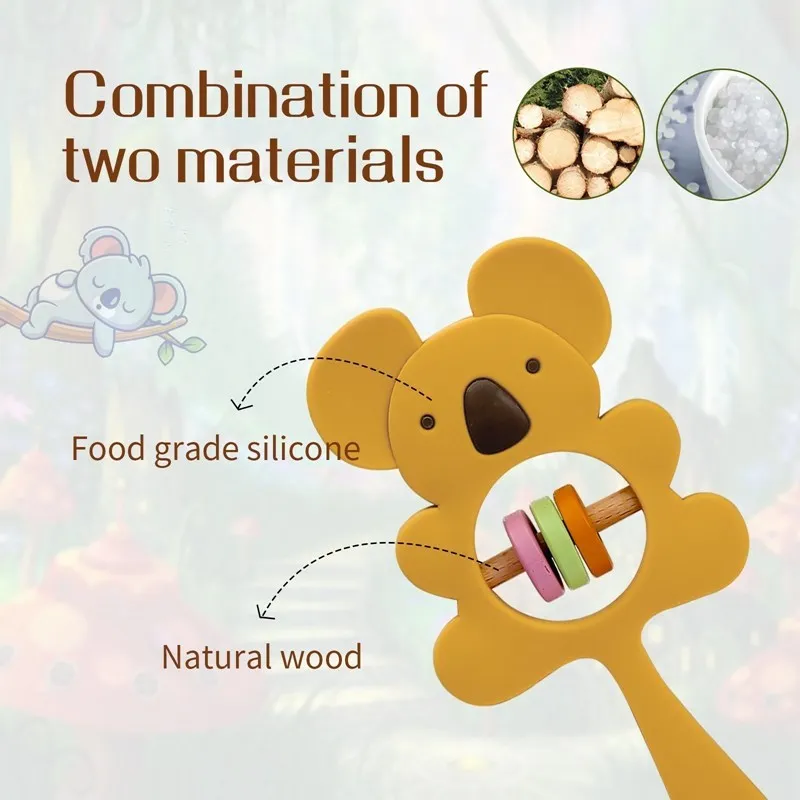 New Design Baby Products Natural Silicone Wood Rattle Baby Teething Montessori Animal Silicone Rattle Toy BPA FREE