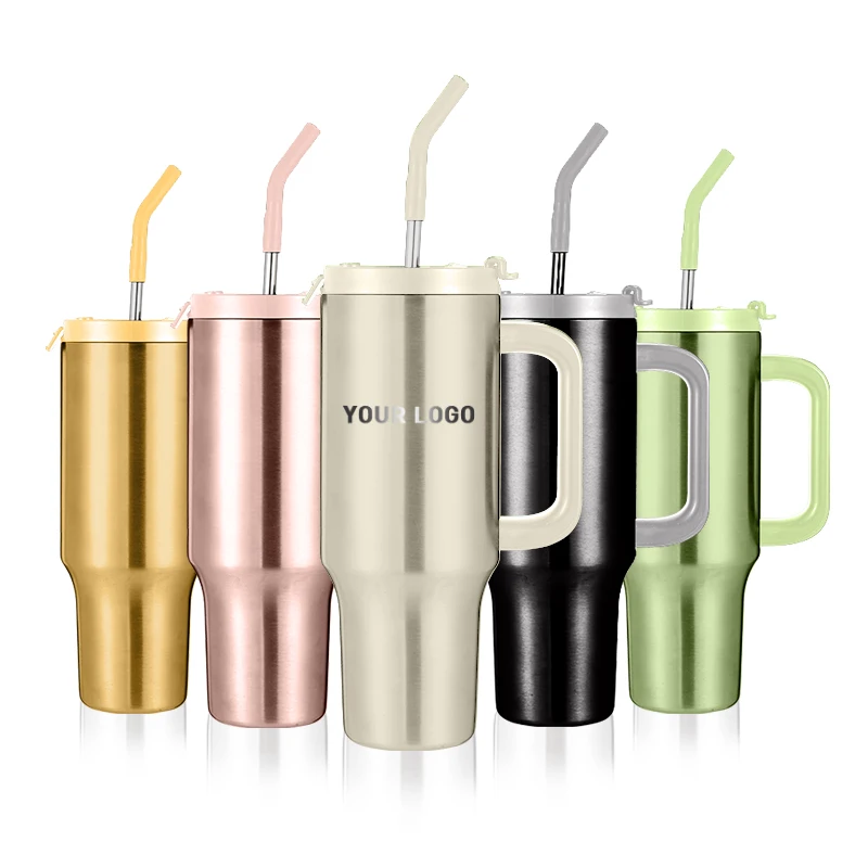 New Eco-Friendly 40oz Stainless Steel Tumbler With Handle Straw Vacuum Insulated 40 oz Travel Camping Mug With Lid