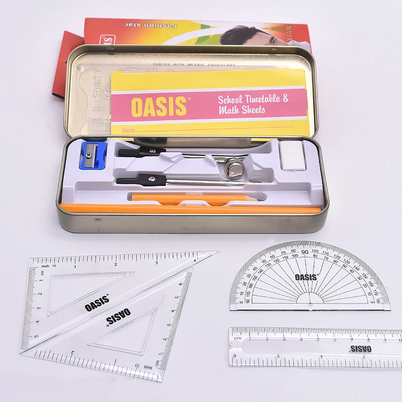 Бесплатный образец, хорошее качество, набор для школьного рисования, школьный ученический математический набор, компас, линейки в жестяной коробке